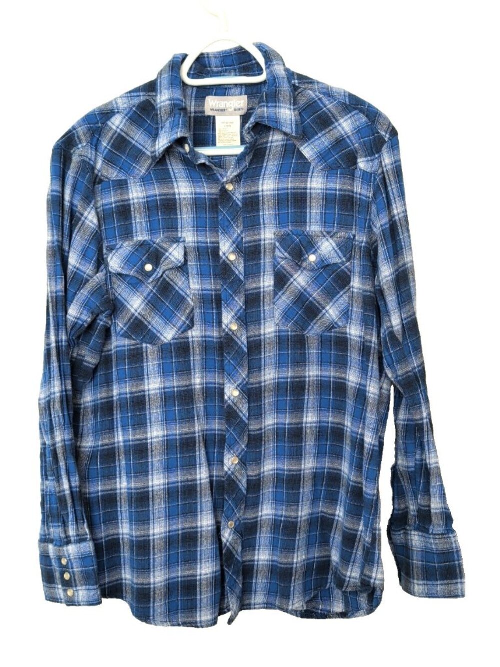 Wrangler Pearl Snap Shirt Men's Size L Blue Plaid Long Sleeve Western -lp111